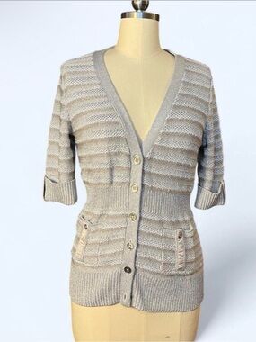 White House Black Market Gray Striped Button Front Cardigan M